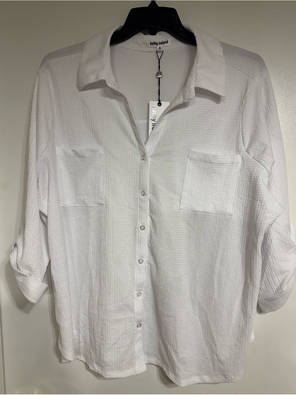 kathy ireland White Casual Button-Down Shirt with Chest Pockets